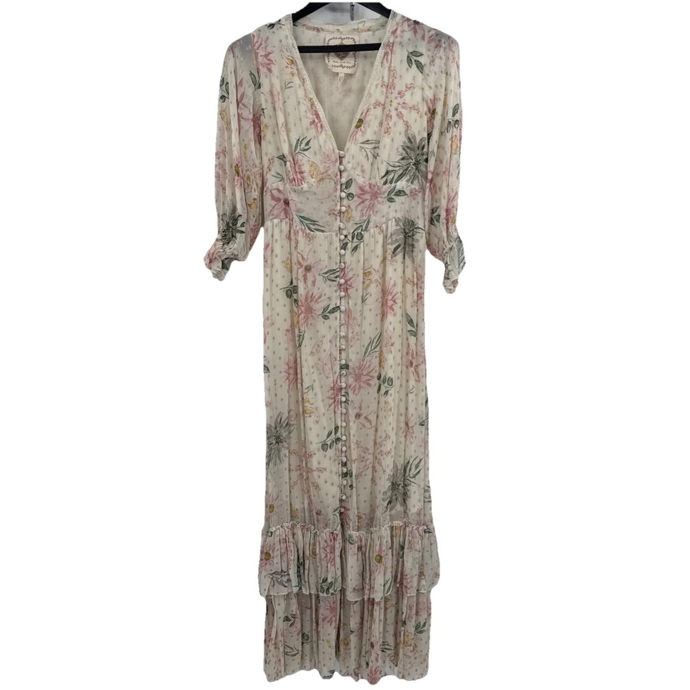 Z &‎ L Bohemian Maxi Dress Size S Shiny Metallic Shimmer Floral Ruffle Prairie